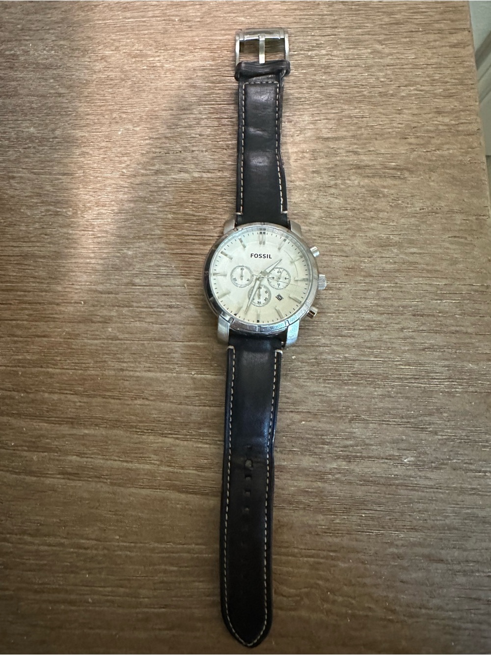 Fossil Silver Case Watch with Cream Dial and Dark Brown Leather Strap